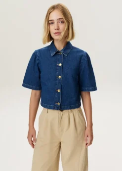 Korte denim pofmouw blouse