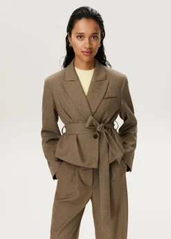 Melange cropped blazer met ceintuur