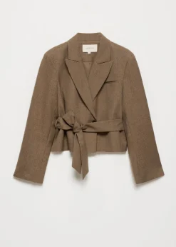 Melange cropped blazer met ceintuur
